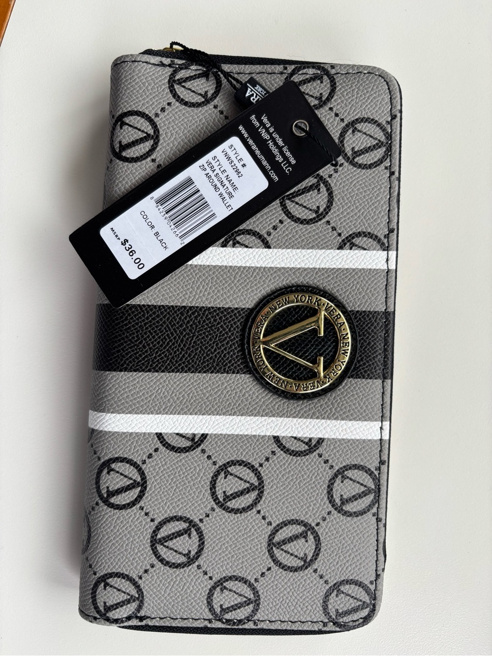 Vera New York Signature Zip Around Wallet with Gold Emblem with CC Inserts